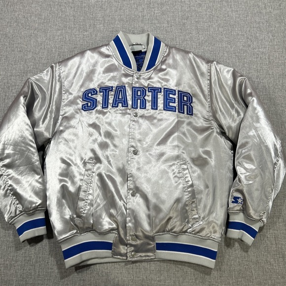 Starter Men's Dallas Cowboys Satin Tony Romo Silver Bomber Jacket Size L Puffer